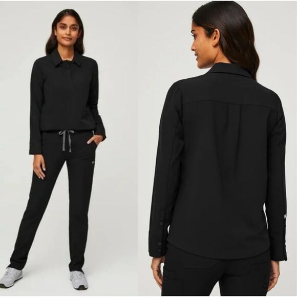 Figs Tops - FIGS Black Collared Polo Technical Collection Scrub Top Size Small